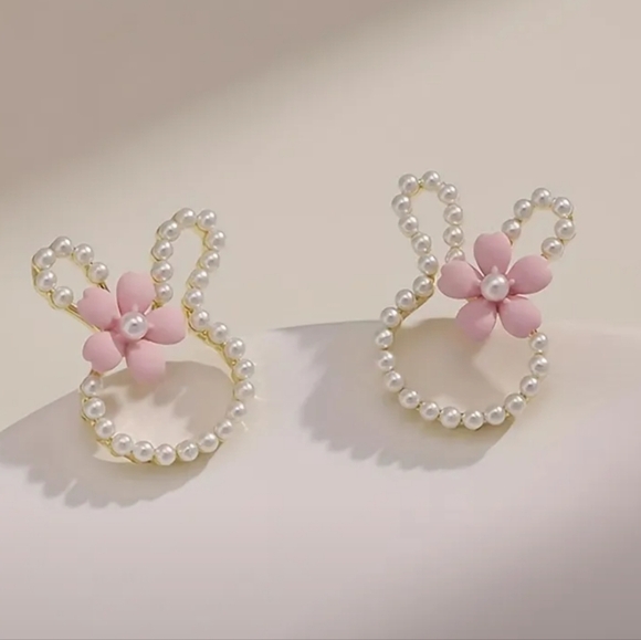 Elegant Pink Rabbit Floral Pearl Earrings - Picture 1 of 3